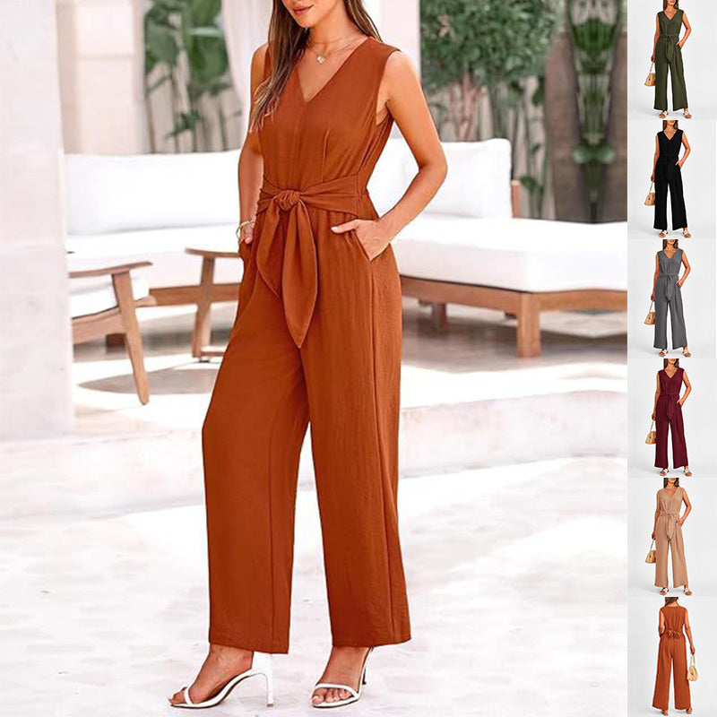 New V-neck Sleeveless Long Jumpsuit For Women's