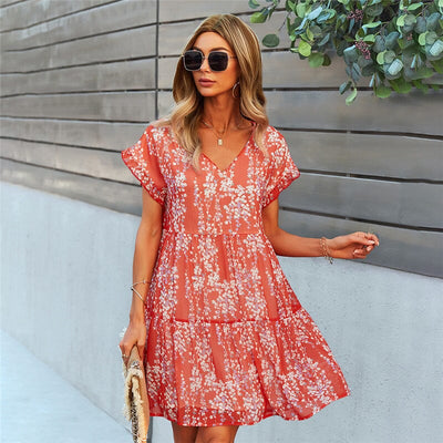 Women Ruffle Loose Short Chiffon Summer Dress FD My Store Red L 