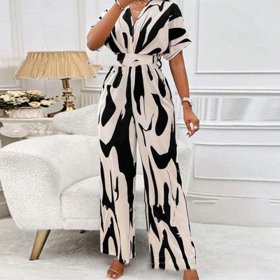 Fashionable V-neck Loose Printed Jumpsuit