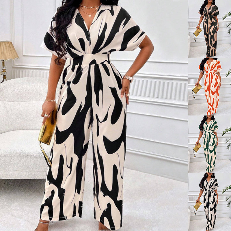 Fashionable V-neck Loose Printed Jumpsuit