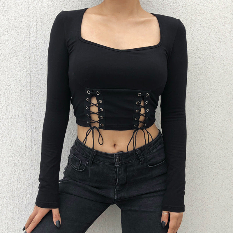 Square neck tie drawstring cropped T-shirt