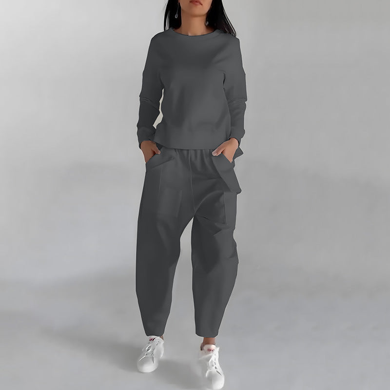 Women's Back Slit Sweatshirt & Pocketed Trousers Set