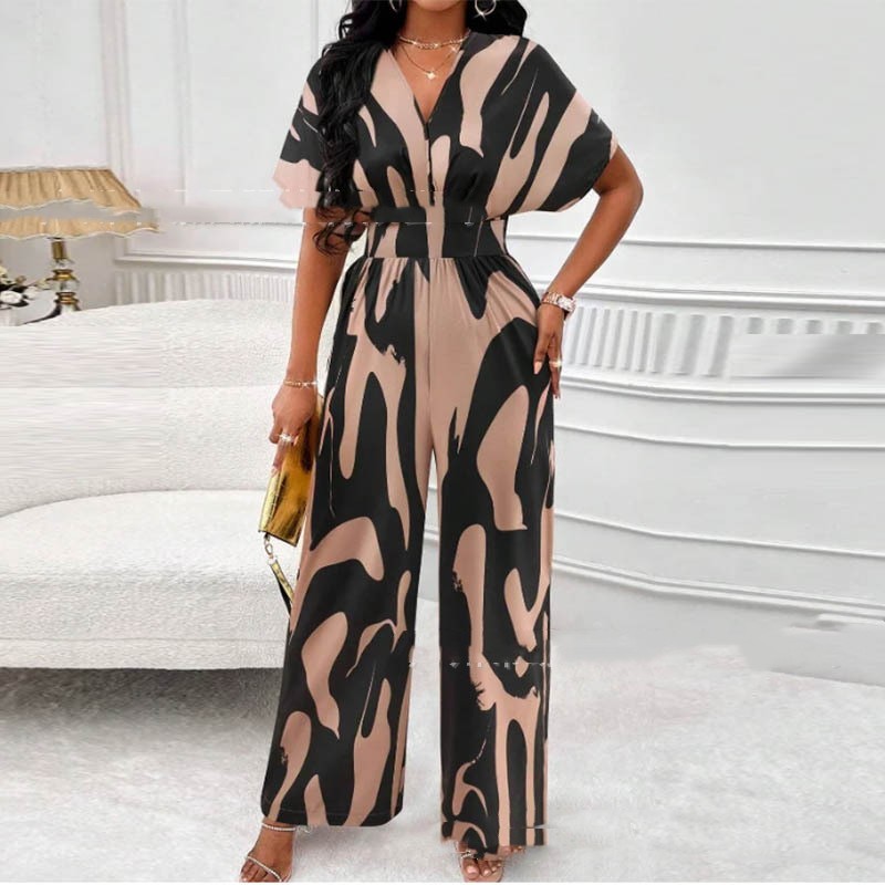 Fashionable V-neck Loose Printed Jumpsuit