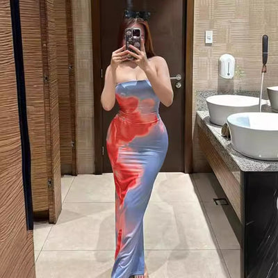 Slim Slit Sexy Print Tube Long Summer Dress For Women's