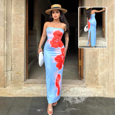 Slim Slit Sexy Print Tube Long Summer Dress For Women's