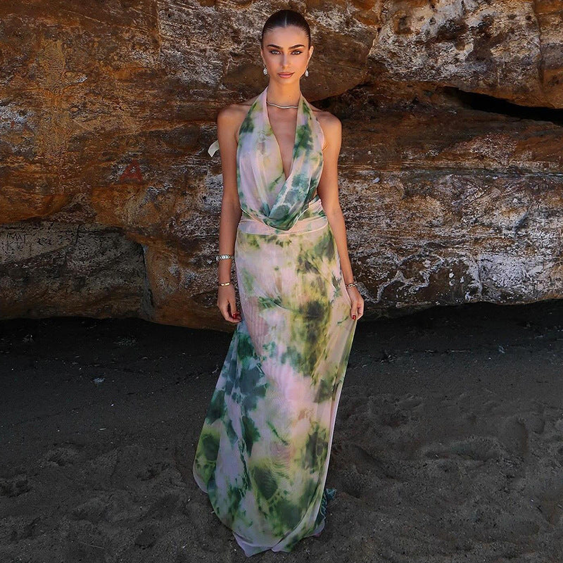 Fashion Forte Tie Dye Printing Deep V-neck Summer Suit