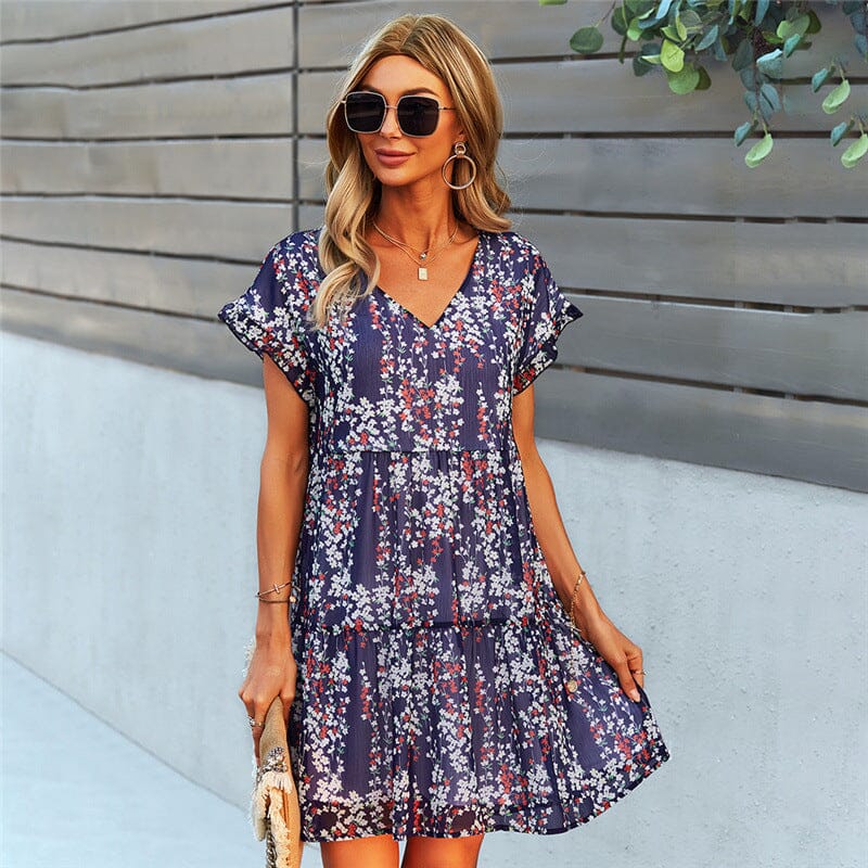 Women Ruffle Loose Short Chiffon Summer Dress FD My Store Navy L 