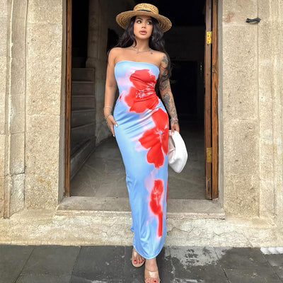 Slim Slit Sexy Print Tube Long Summer Dress For Women's