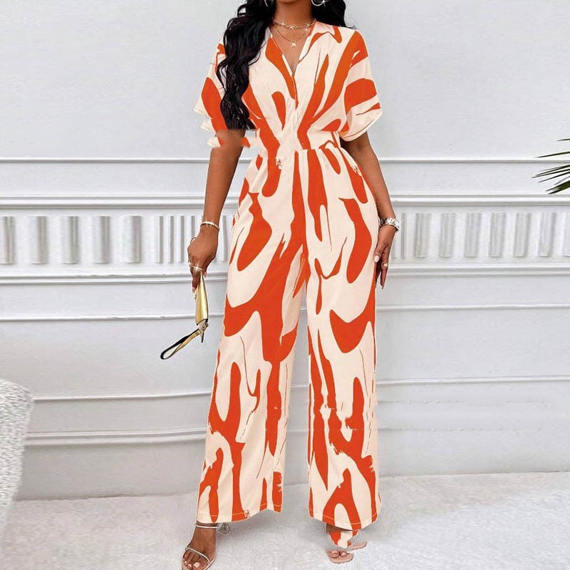 Fashionable V-neck Loose Printed Jumpsuit