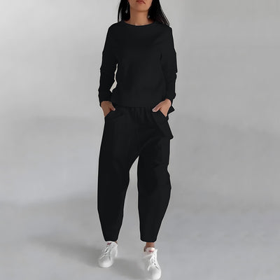 Women's Back Slit Sweatshirt & Pocketed Trousers Set