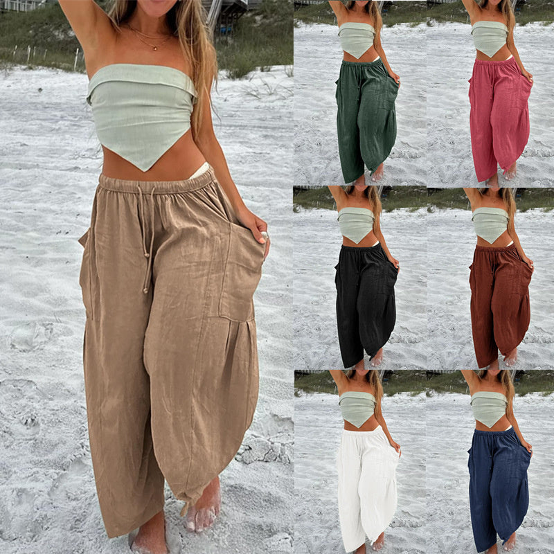 Summer Loose Elastic High Waist Pleated Trousers/Pants For Women's