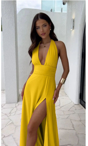 Sexy Halterneck V-neck Slit Summer Dress For Women's